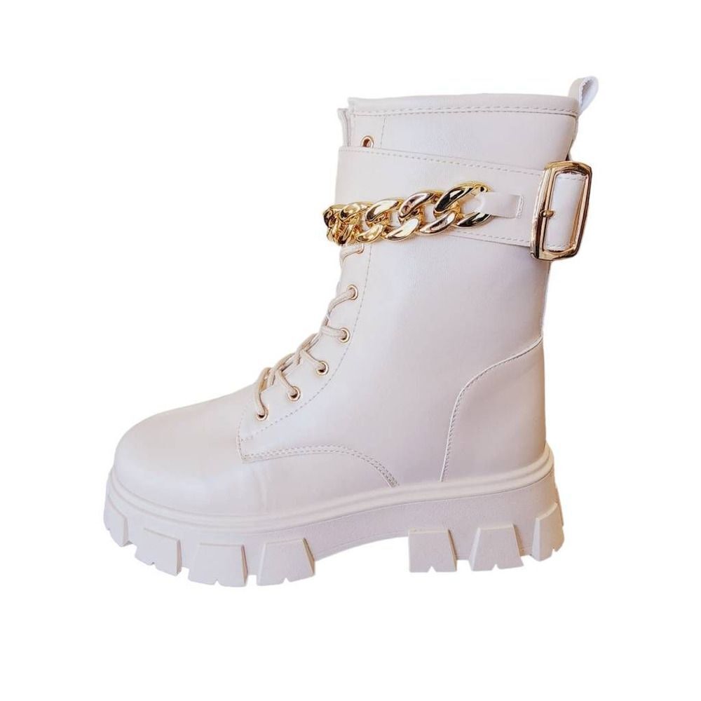 Olivia Miller Womens Ava Combat Boots Beige Vegan Straps Chain Ankle Zip 9 New - Picture 4 of 9
